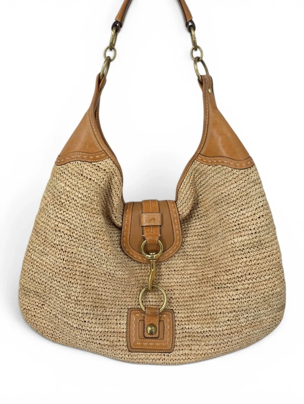 Coach Bleecker Millie Straw Raffia Leather Hobo Bag Summer Coastal Preppy